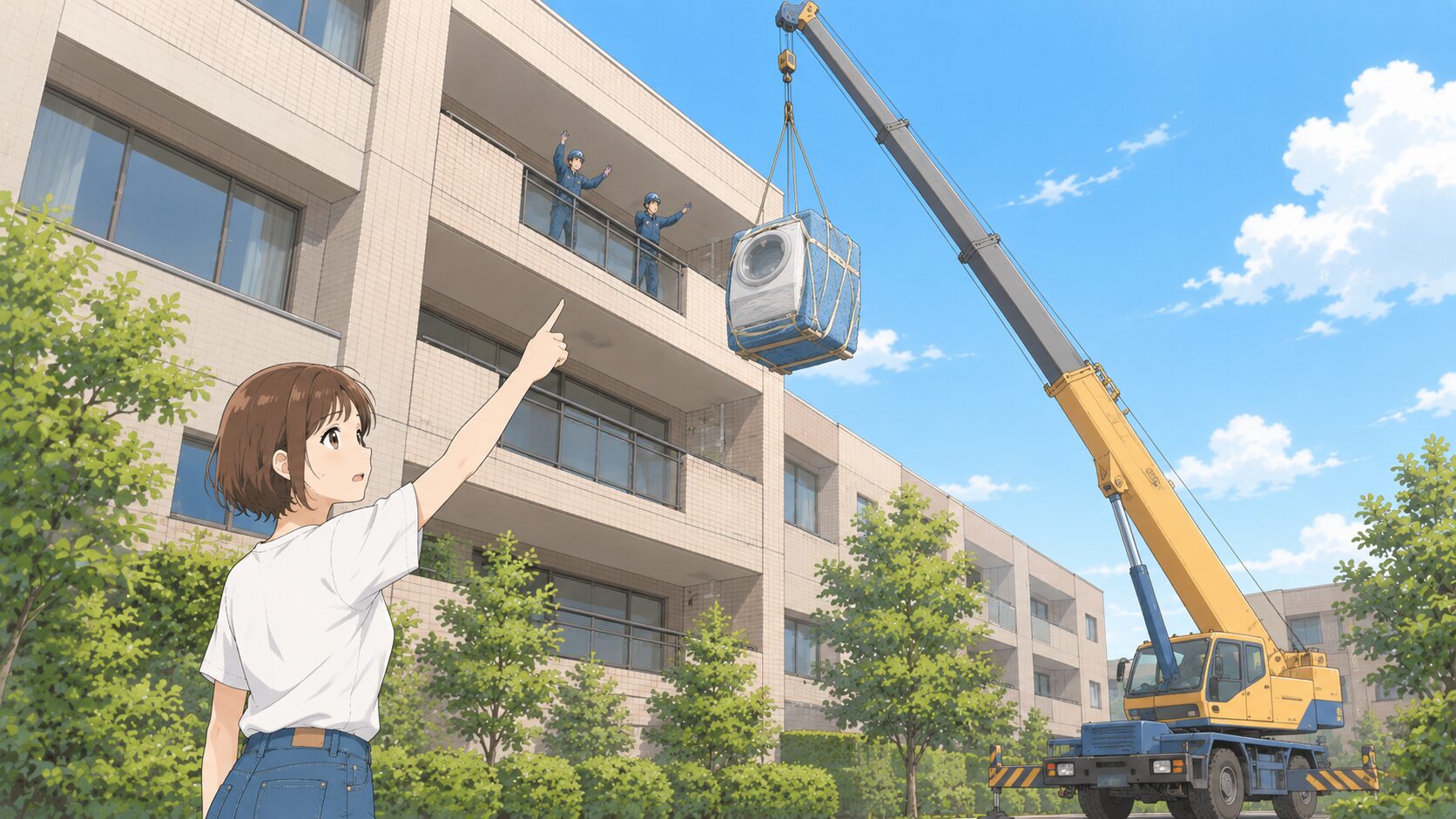クレーン車で吊り上げ搬入される洗濯機を地上から見上げている女性のイラスト