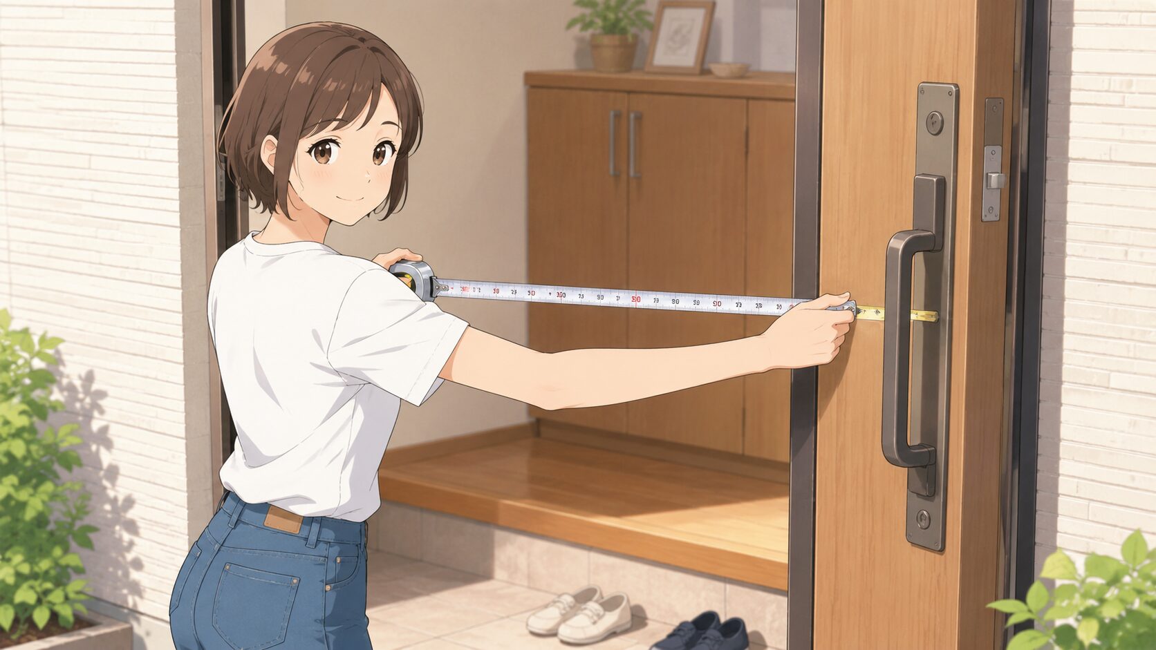 玄関ドアの幅をメジャーで測定している女性のイラスト