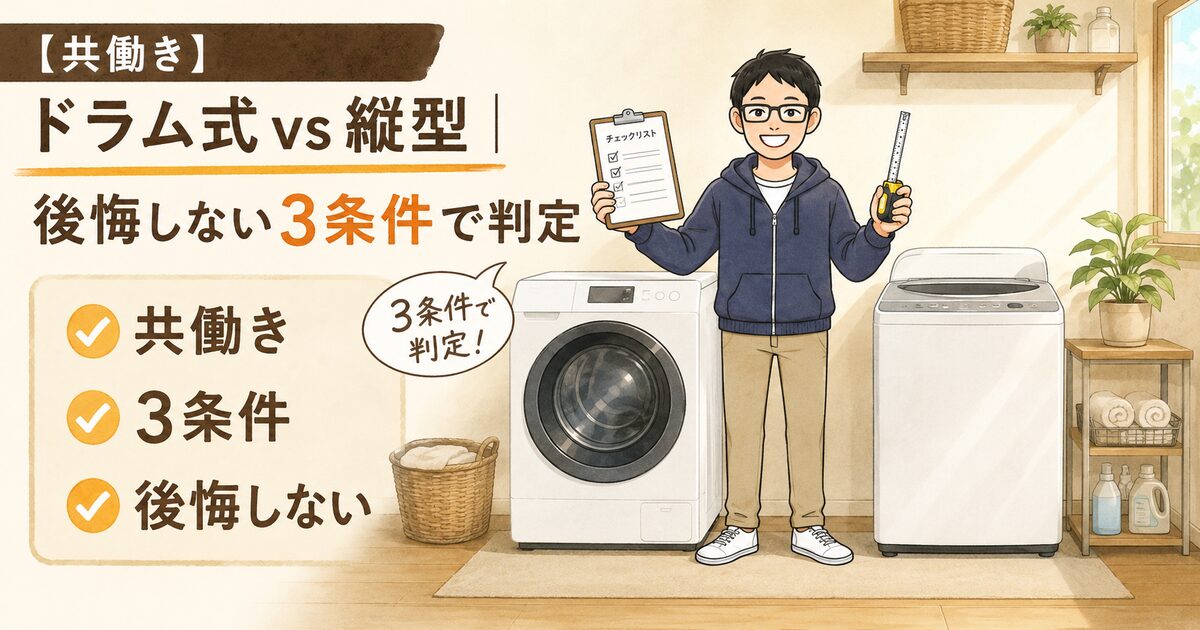 【共働き】ドラム式 vs 縦型|後悔しない3条件で判定 — そうたパパがドラム式洗濯機と縦型洗濯機の間でメジャーとチェックリストを持ち実測