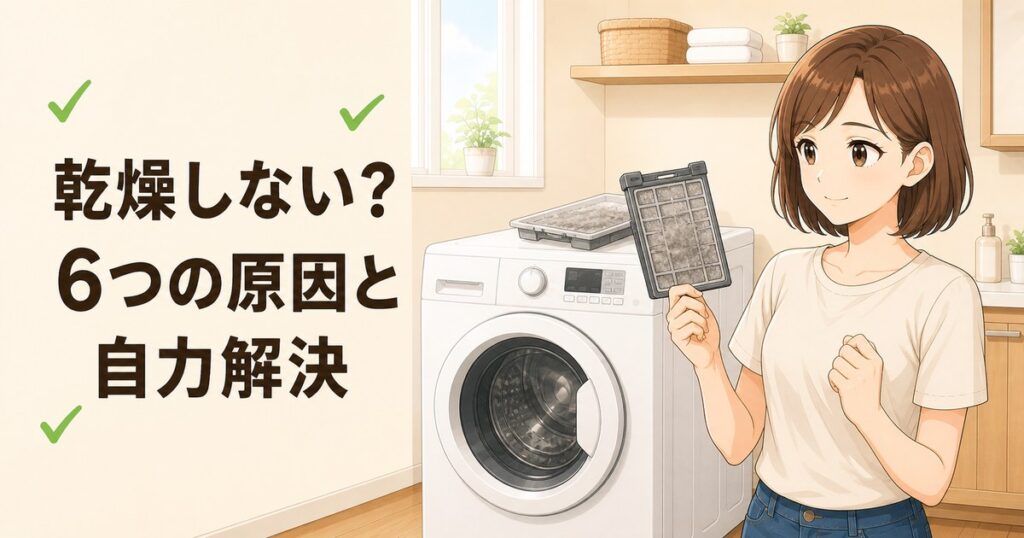 ドラム式洗濯機が乾燥しない時の6つの原因と自力解決を解説する記事のアイキャッチ。茶色のボブヘアの女性が、ホコリ詰まりした乾燥フィルターを片手に持ち、洗面所のドラム式洗濯機の前で「これが原因だった」と納得した表情をしているイラスト