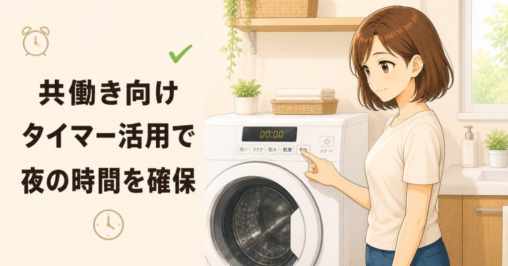 共働き世帯のドラム式洗濯機タイマー活用で夜の時間を確保するアイキャッチ。茶色のボブヘアの女性が予約ボタンに指を添え、時計マーク・チェックマーク・「共働き向け タイマー活用で 夜の時間を確保」のテキストが描かれたイラスト