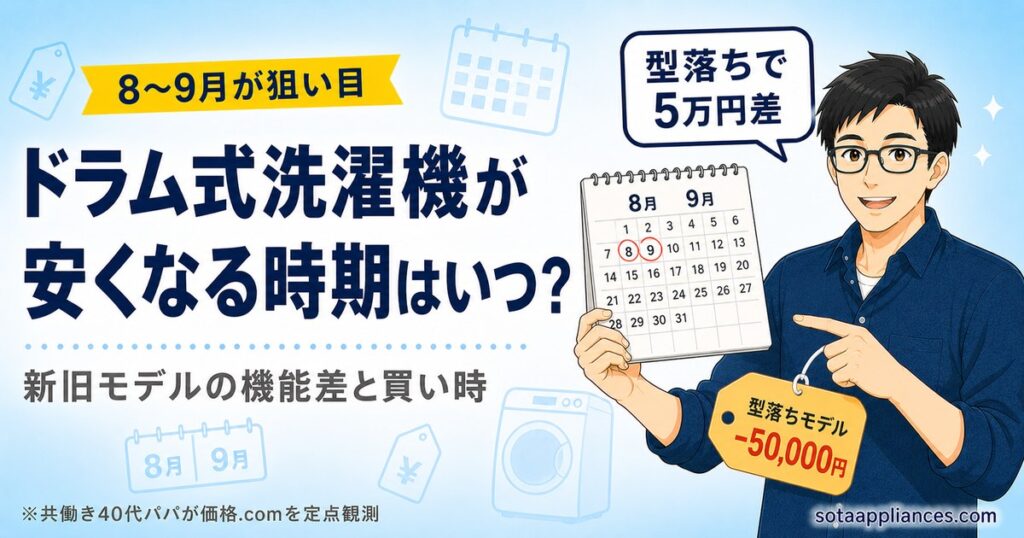ドラム式洗濯機が安くなる時期はいつ？8〜9月が狙い目で型落ちなら最大5万円差。新旧モデルの機能差と買い時を共働き40代パパが価格.comを定点観測