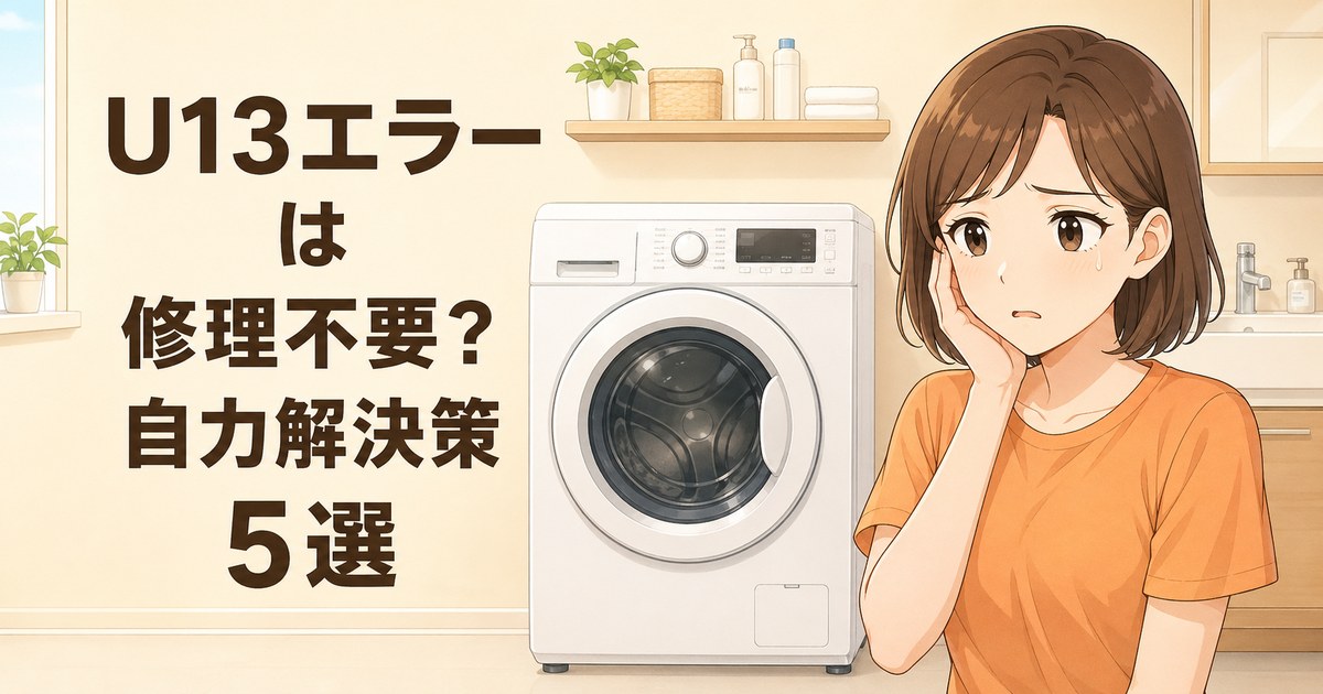 修理不要のU13エラー対処に向け、ドラム式洗濯機の前で困った表情を浮かべる女性のイラスト