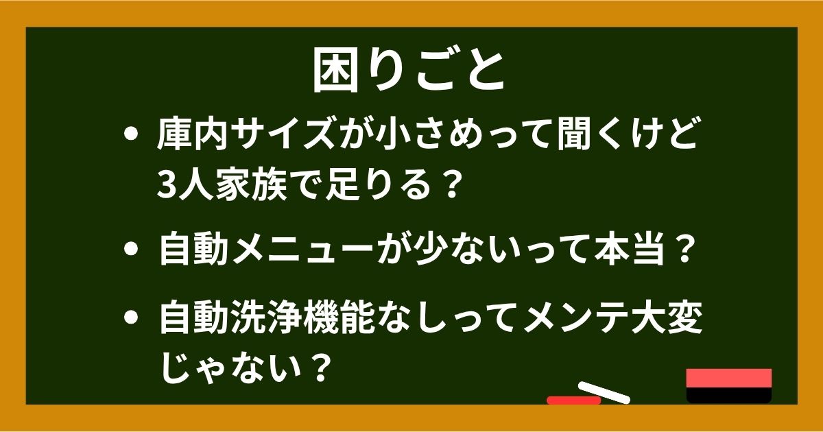 黒板画像: 困りごと「アラジン オーブンレンジ、買って後悔しないかな？」「庫内サイズが小さめって聞くけど3人家族なら足りる？」「自動メニューが少ないって本当？」