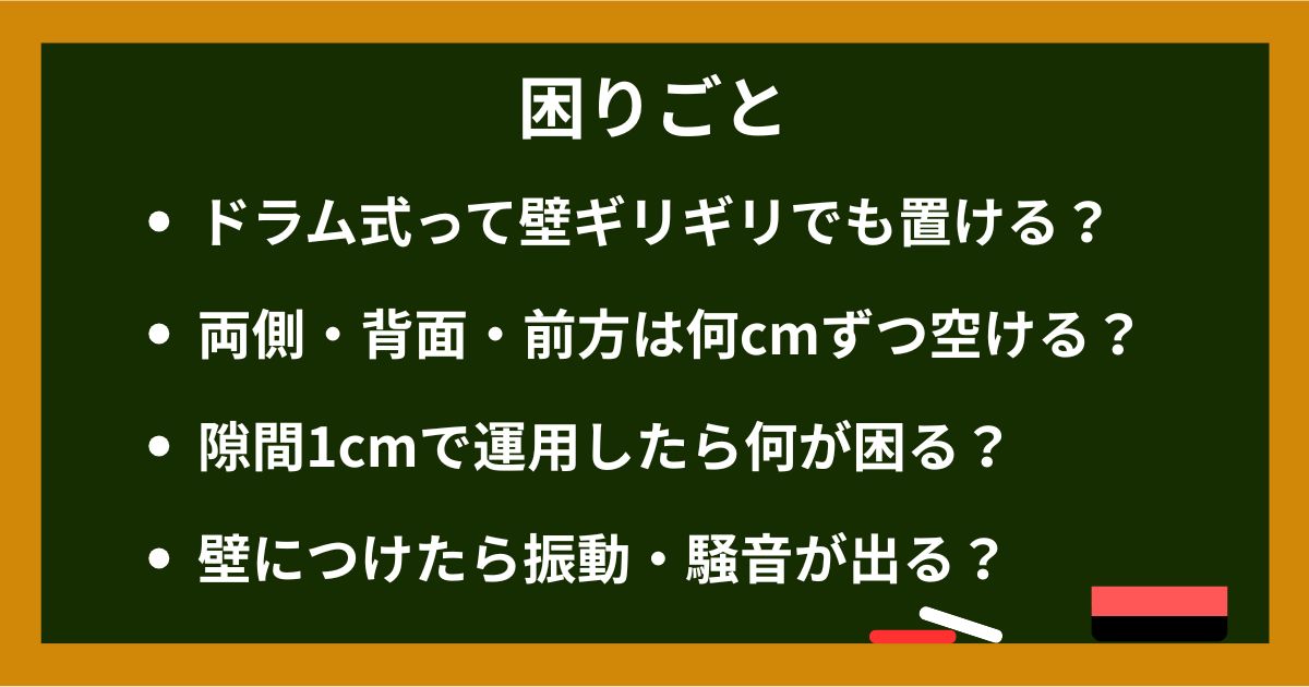 黒板画像: 困りごと「ドラム式って壁ギリギリでも置ける？」「両側・背面・前方は何cmずつ空ける？」「隙間1cmで運用したら何が困る？」