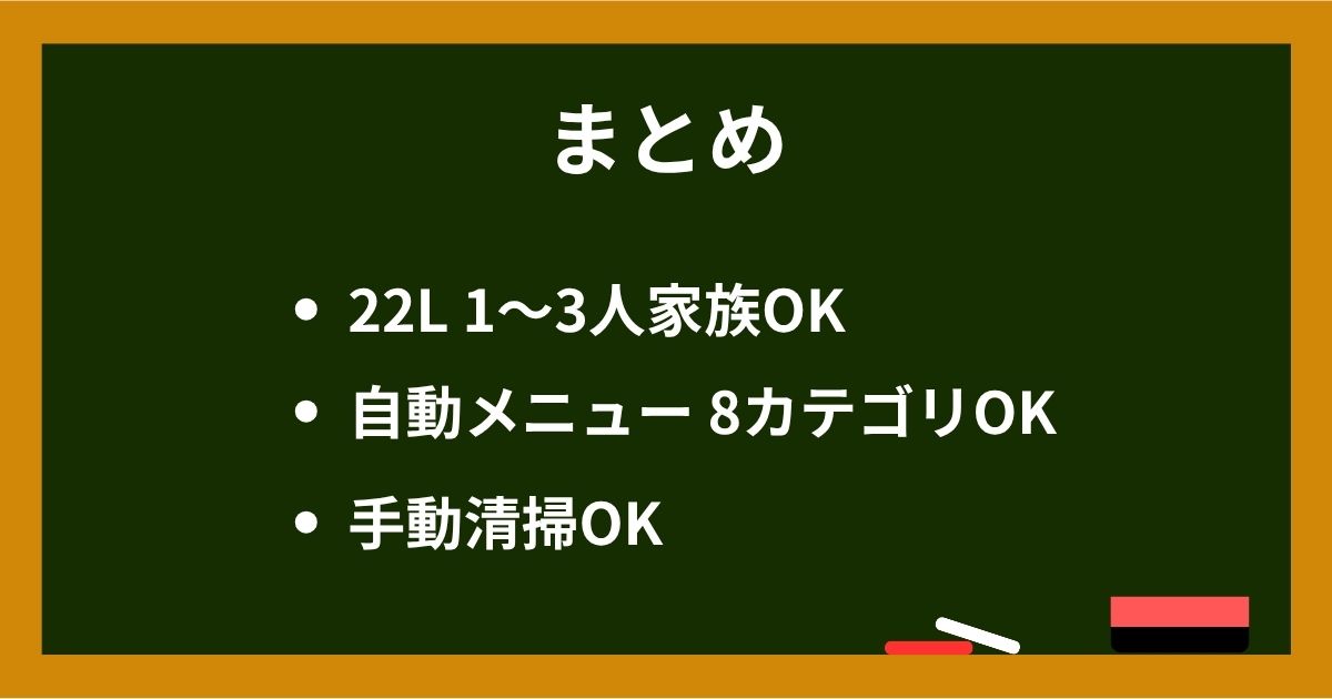 黒板画像: まとめ「後悔しない3条件チェック」「①22L 1〜3人家族OK」「②自動メニュー8カテゴリOK」「③手動清掃OK」