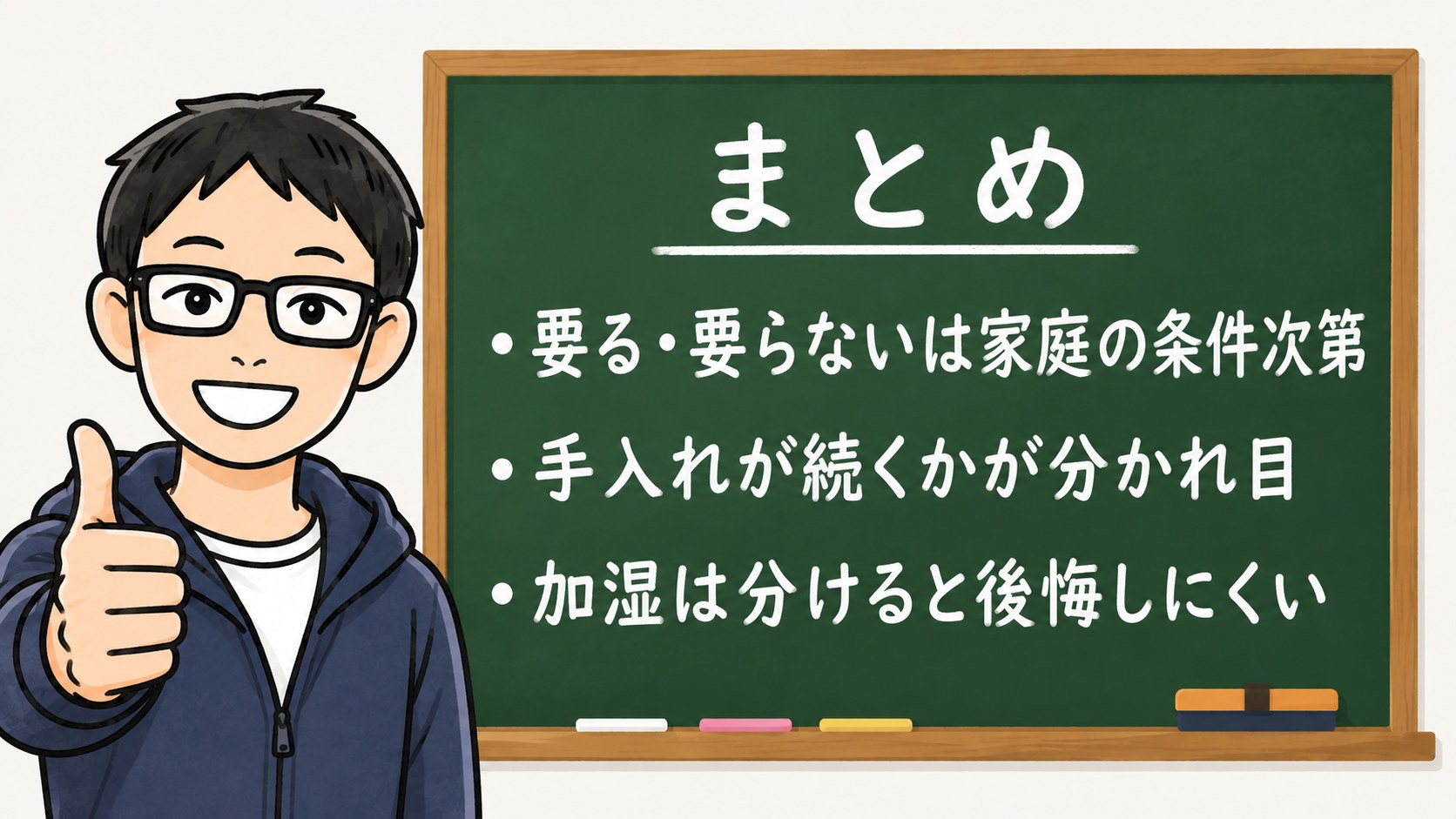 記事のまとめ黒板イラスト。要る要らないは家庭の条件次第、手入れが続くかが分かれ目、加湿は分けると後悔しにくい